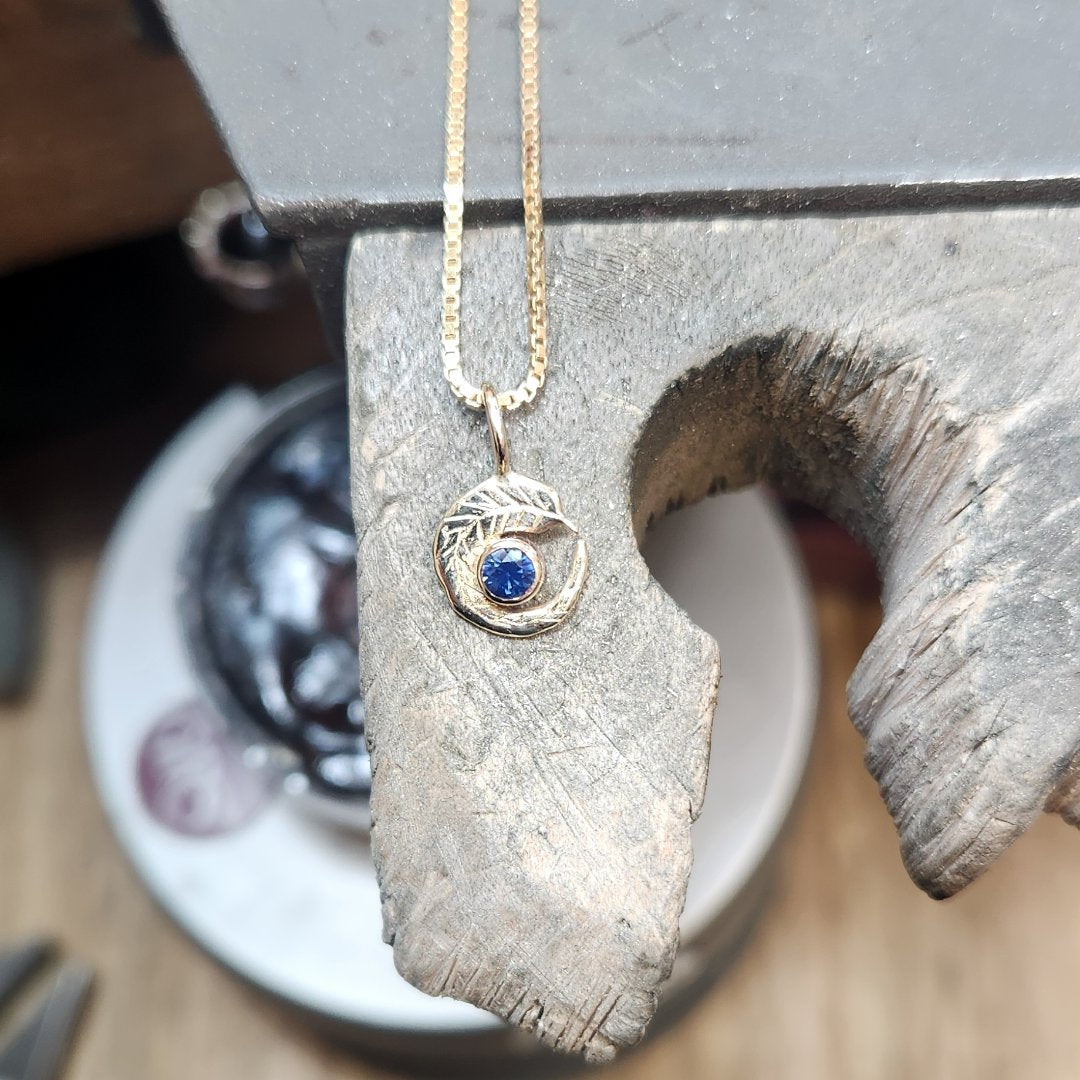 Tasmanian Sapphire Eucalyptus Leaf Pendant