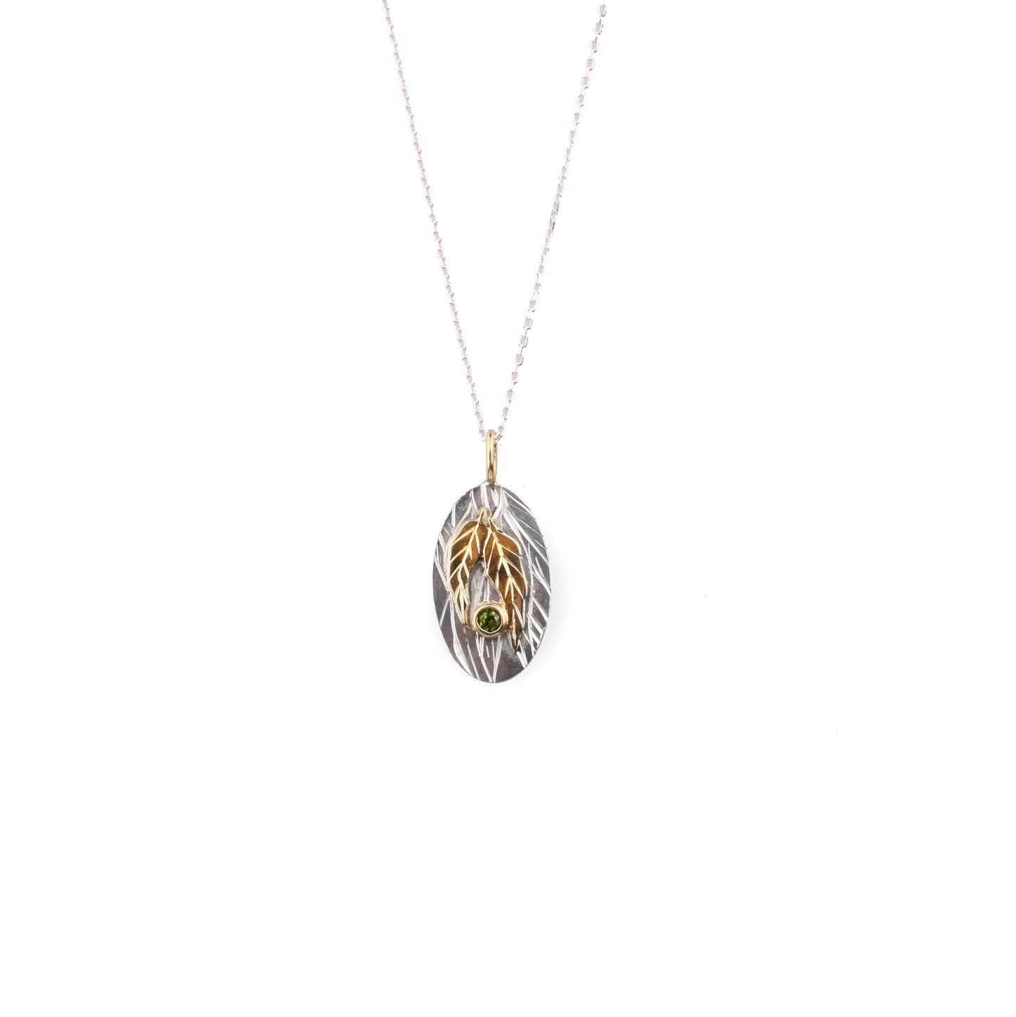 Engraved Eucalyptus Pendant with Light Green Sapphire
