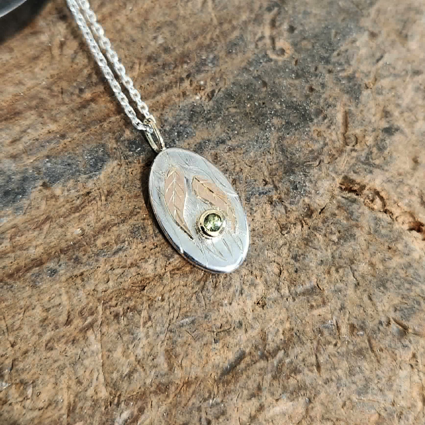 Engraved Eucalyptus Pendant with Light Green Sapphire