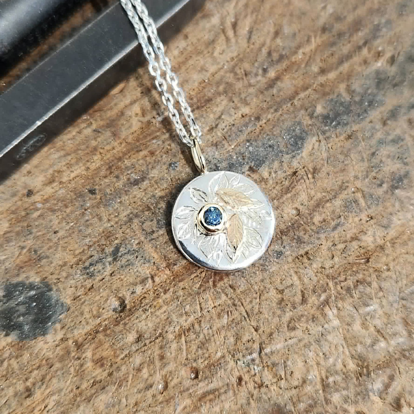 Engraved Foliage mini pendant (round) with Tassie Sapphire