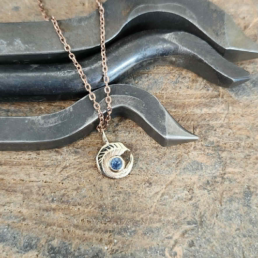 Natural Sapphire Curled Eucalyptus Leaf Pendant