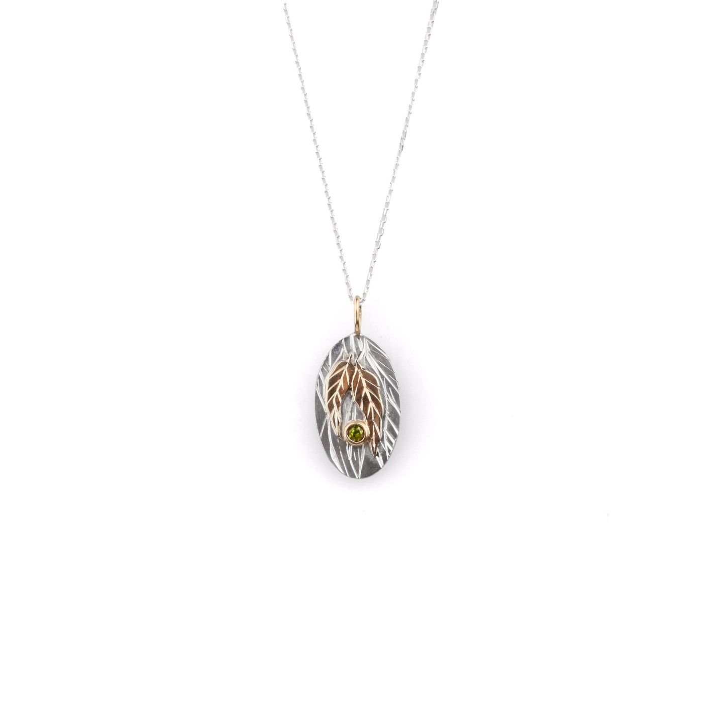 Engraved Eucalyptus Pendant (Oval) with eucalyptus Australian sapphire and solid gold leaves