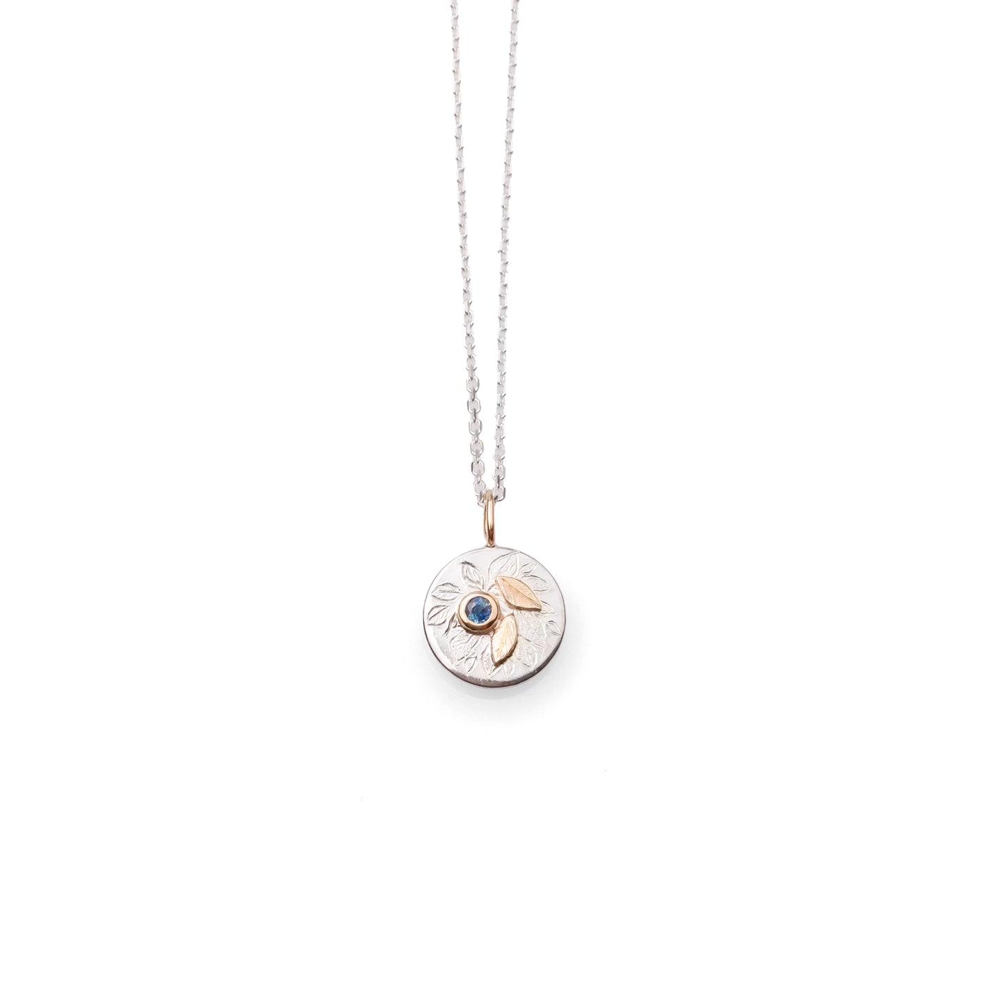 Engraved Foliage mini pendant (round) with Tassie Sapphire