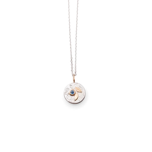 Engraved Foliage mini pendant (round) with Tassie Sapphire