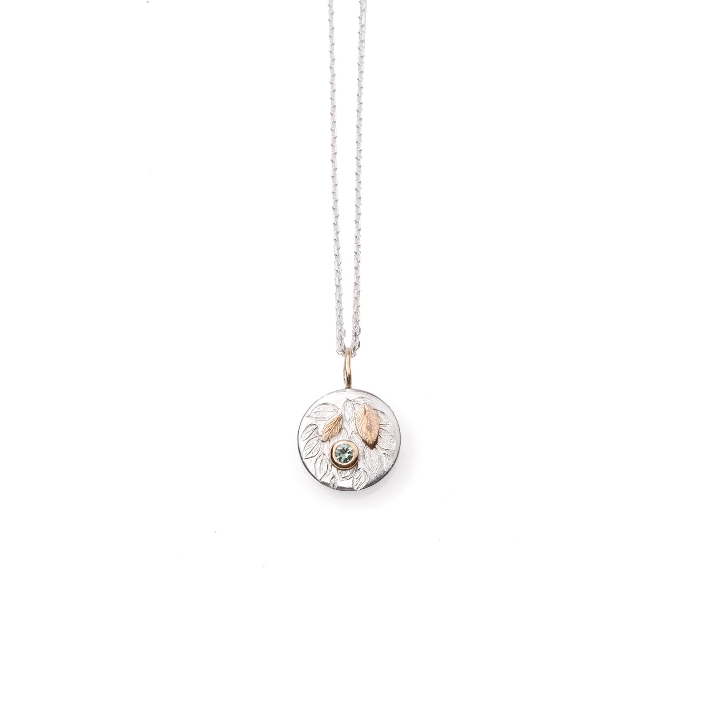 Engraved Foliage mini pendant (round) with Green Austalian Sapphire