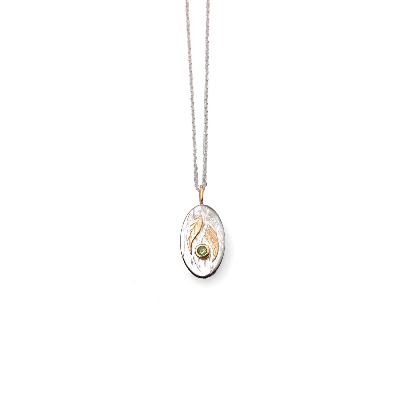 Engraved Eucalyptus Pendant with Light Green Sapphire