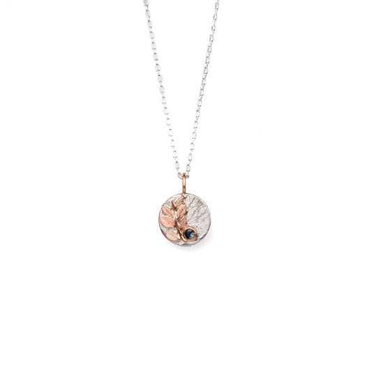 Engraved Foliage Pendant (Small), Sterling silver & 9ct Rose Gold with Australian Parti Sapphire (Round/Teal Blue) with Gold Foliage Stem