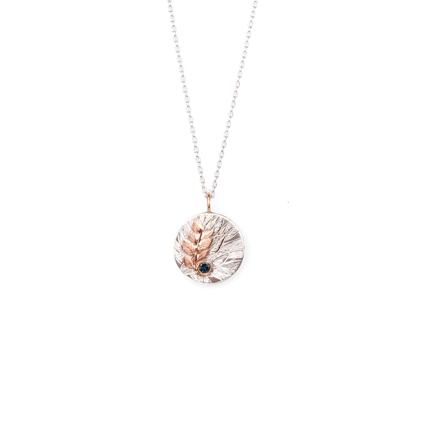 Engraved Foliage Pendant, Sterling silver & 9ct Rose Gold with Australian Parti Sapphire (Round/Teal) with Rose Gold Foliage Stem