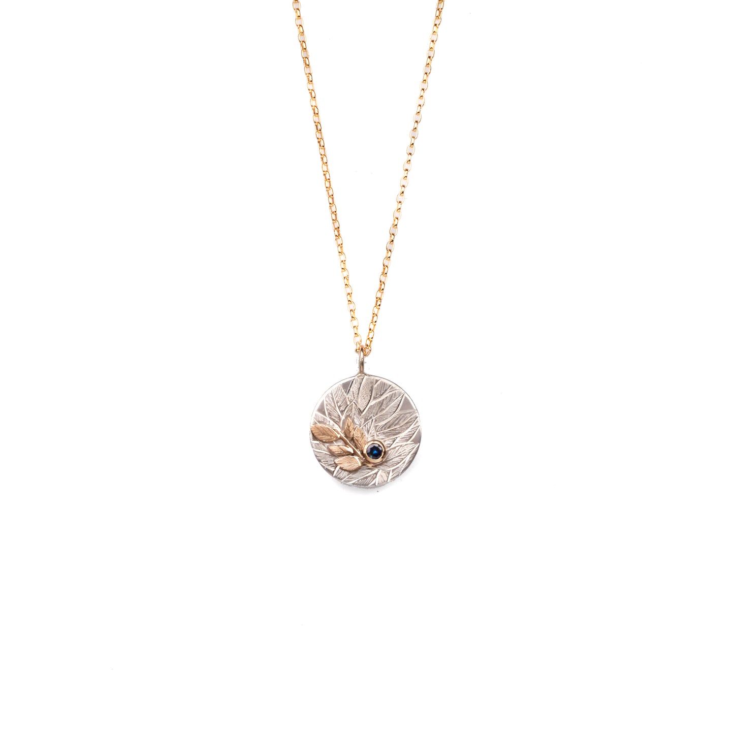 Engraved Foliage Pendant, Sterling silver & 9ct Yellow Gold with Australian Parti Sapphire (Round/Steel Blue) with Gold Foliage Stem